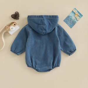 2022-08-04 Lioraitiin 0-24M Infant Baby Boy Fall Hooded Bodysuit Long Sleeve Button Front Solid Color Denim Jumpsuit