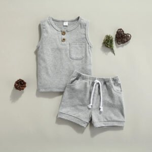 2 Pcs Newborn Summer Outfits, Baby Solid Color Round Neck Tank Tops with Pocket + Drawstring Shorts