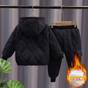 Boys and Girls Clothing Suit  Winter Children's Velvet and Thickened Warm Set Baby Hooded Jacket Pants 2-piece Set