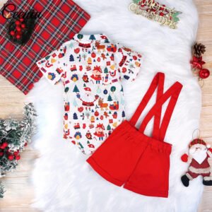Ceeniu My First Christmas Baby Outfits Boys Red Bow Xmas Print Bodysuit and Overalls Shorts New Year Baby Boy Costume 2024