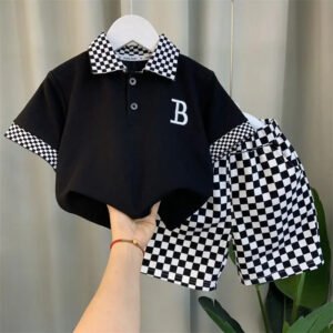 Summer Teenage Boy Clothes Set Cartoon Plaid Short Sleeve Lapel Shirts and Shorts Suit Children's Boys Top and Bottom Streetwear