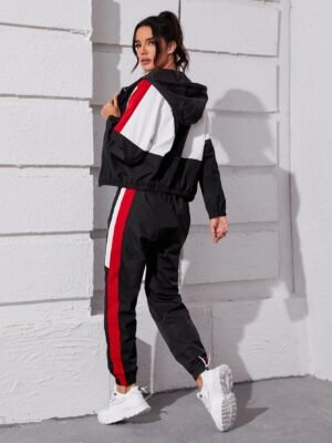 Color Block Hooded Jacket & Sweatpants Sports Set