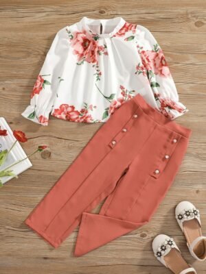 SHEIN Young Girl Floral Blouse With Double Breasted Pants