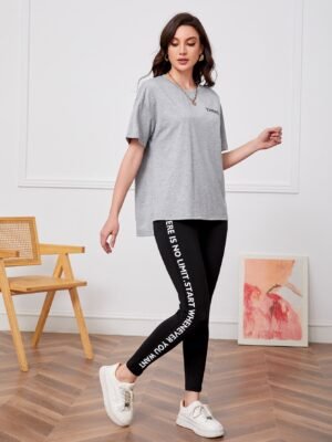 SHEIN Mulvari Drop Shoulder Slogan Graphic Tee & Slogan Pattern Pants 2 Piece Set