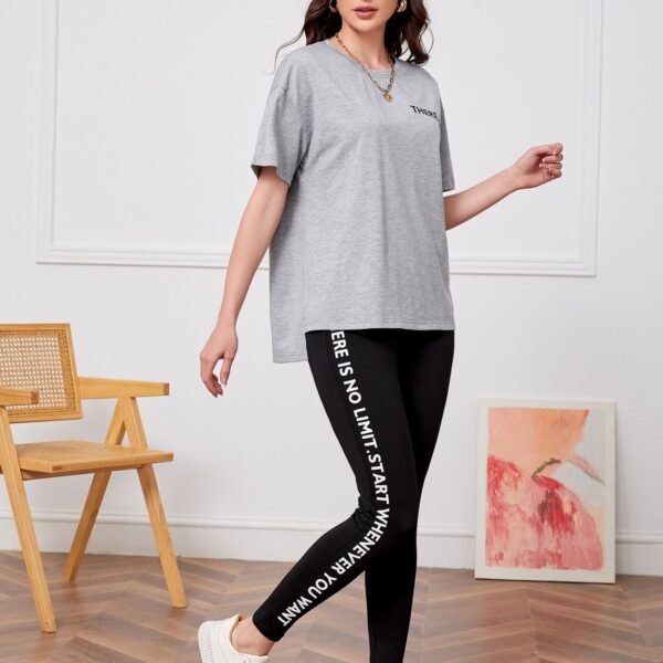SHEIN Mulvari Drop Shoulder Slogan Graphic Tee & Slogan Pattern Pants 2 Piece Set