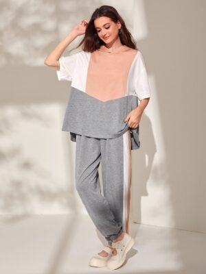 SHEIN Mulvari Colorblock Drop Shoulder Top & Sweatpants Set