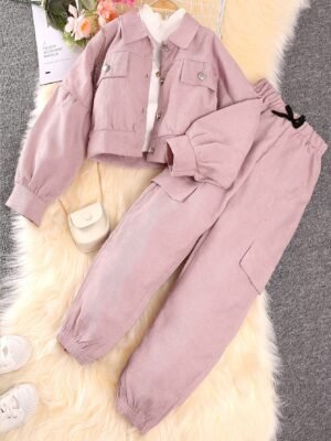 Tween Girl Flap Detail Bishop Sleeve Jacket & Cargo Pants