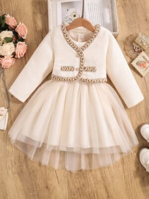 SHEIN Young Girl Contrast Trim Mesh Hem Dress & Jacket