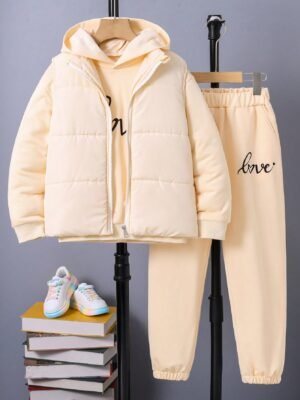 SHEIN Tween Girl 1pc Letter Graphic Hoodie & 1pc Sweatpants & Vest Padded Coat