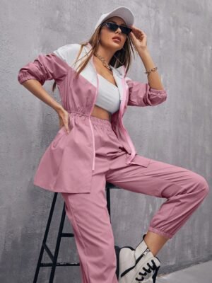 SHEIN Mulvari Two Tone Elastic Waist Hooded Jacket & Pants 2 Piece Set