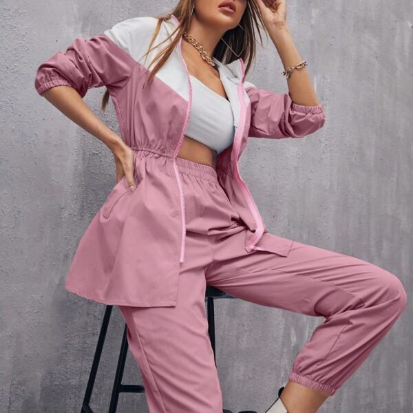 SHEIN Mulvari Two Tone Elastic Waist Hooded Jacket & Pants 2 Piece Set