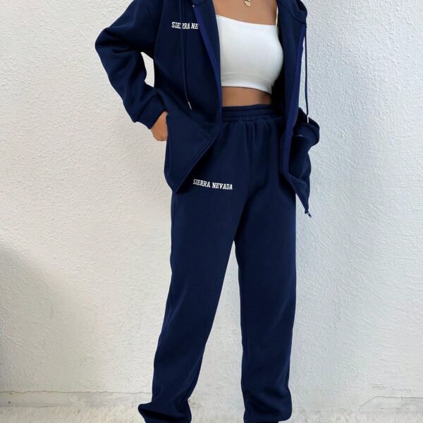 SHEIN MOOSTA Women's Letter Print Hooded Zipper Sweatshirt And Pants Two Piece Set