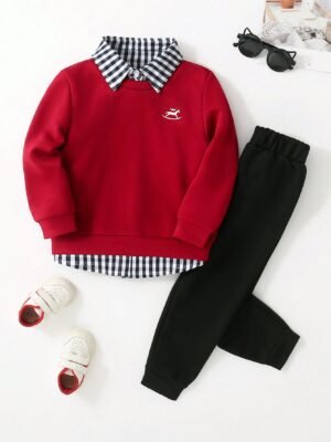 SHEIN Young Boy 2pcs/Set Cute Casual Yellow Embroidered Sweatshirt And Black Comfortable Pants Spring Outfits