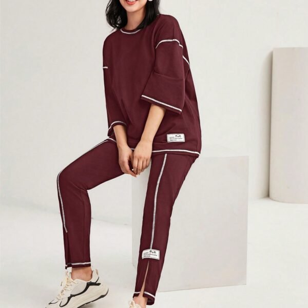 SHEIN Mulvari Burgundy Red Color-Block Drop Shoulder Crew Neck Top And Pants Set 2 Piece Set