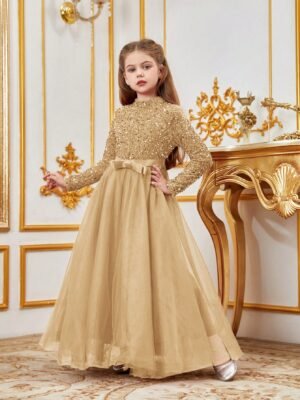 Tween Girl Semi-High Neck Long Sleeve Sequin Mesh Formal Dress