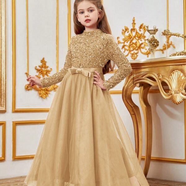 Tween Girl Semi-High Neck Long Sleeve Sequin Mesh Formal Dress