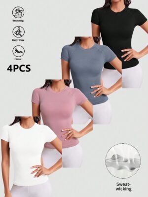 SHEIN Sport Studio 4pcs/Set Solid Color Seamless Round Neck Short Sleeve Sports T-Shirt Compression Shirt Fitted Shirt