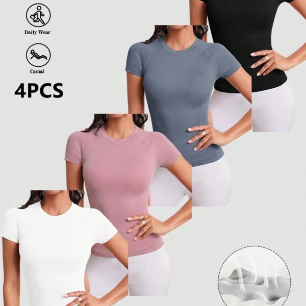 SHEIN Sport Studio 4pcs/Set Solid Color Seamless Round Neck Short Sleeve Sports T-Shirt Compression Shirt Fitted Shirt