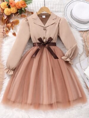 Tween Girls Long Sleeve Turndown Collar Solid Color Mesh Dress With Woven Belt
