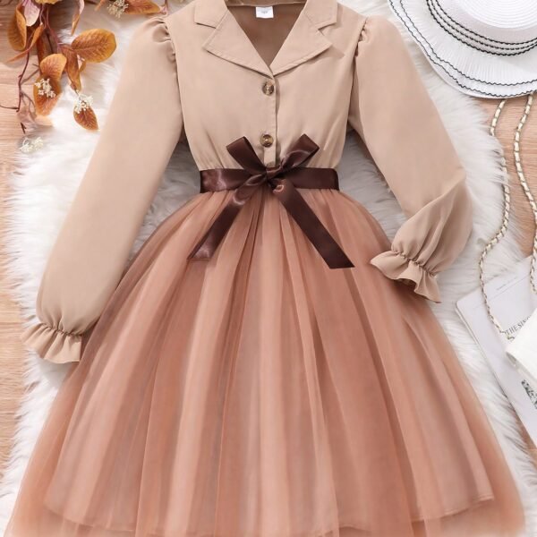 Tween Girls Long Sleeve Turndown Collar Solid Color Mesh Dress With Woven Belt