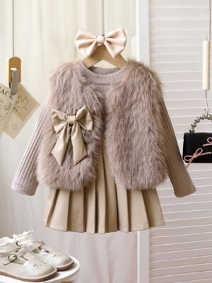 Young Girl 3pcs Fashionable Vest Coat, Long Sleeve Knit Top And Half-Body Leather Skirt Set, Spring & Autumn
