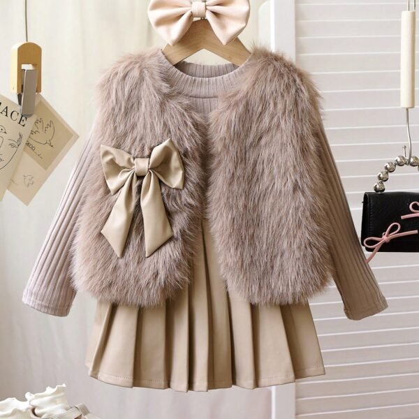 Young Girl 3pcs Fashionable Vest Coat, Long Sleeve Knit Top And Half-Body Leather Skirt Set, Spring & Autumn