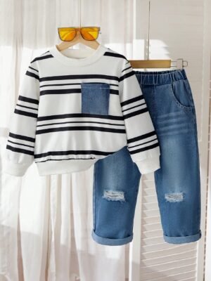 2pcs/Set Young Boy Striped Long Sleeve Sweatshirt And Denim Pants, Spring/Autumn