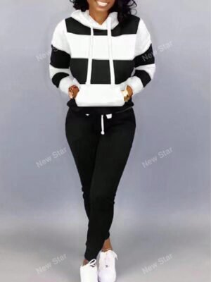 Autumn And Winter New European And American Women's Fashion Striped Patchwork Hooded Large Pocket Loose Sweatshirt Sports Long Sleeved Pants Set