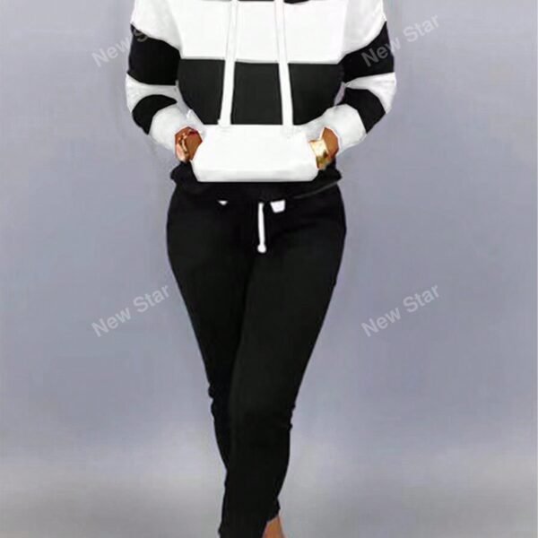 Autumn And Winter New European And American Women's Fashion Striped Patchwork Hooded Large Pocket Loose Sweatshirt Sports Long Sleeved Pants Set