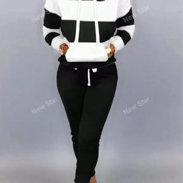 Autumn And Winter New European And American Women's Fashion Striped Patchwork Hooded Large Pocket Loose Sweatshirt Sports Long Sleeved Pants Set