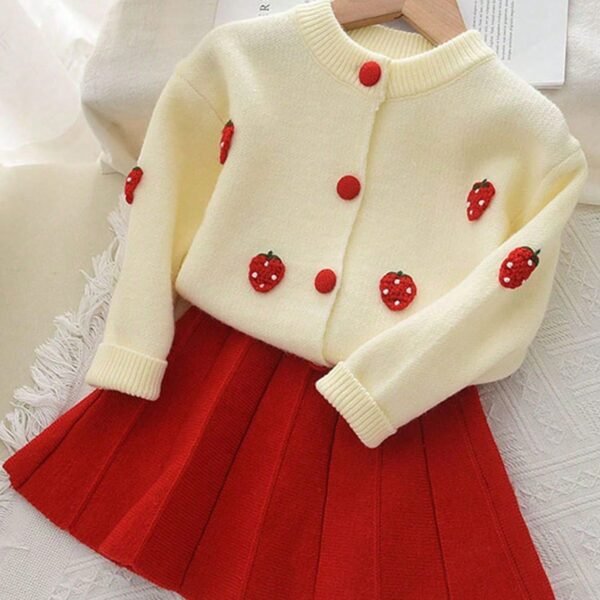 2pcs/Set Young Girl Cute Long Sleeve Fruit Print Top And Pleated Skirt Set, Autumn/Winter