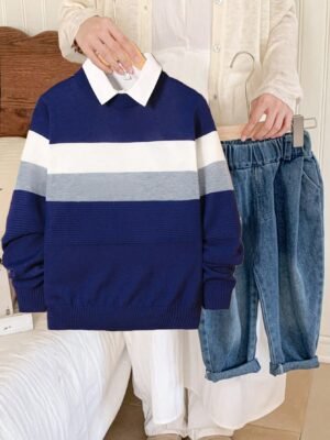 Tween Boy Jacquard Contrast Color Sweatshirt, Affordable Back To School Outfit, Can Be Paired With Boy's Shirt, White Sweatpants, Boy's Jacket, Boy's Pants, Solid Color T-Shirt, Cartoon Printed Shirt, Gray Sweatshirt, Boy's Sweatshirt, Jeans