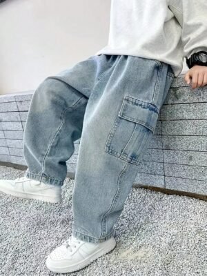 Straight Leg Fashion Casual Denim Jeans For Tween Boys, Streetwear Style