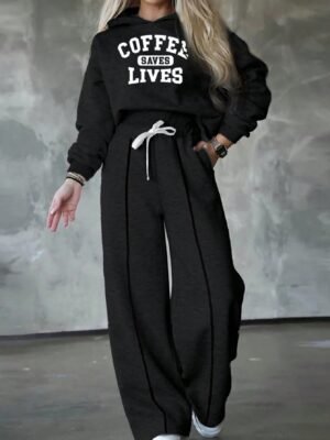 INAWLY 2pcs Women's Round Neck Long Sleeve Letter Print Top And Tie-Up Straight Leg Casual Pants Set