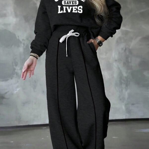 INAWLY 2pcs Women's Round Neck Long Sleeve Letter Print Top And Tie-Up Straight Leg Casual Pants Set