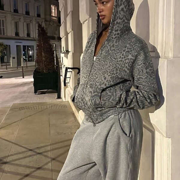 Women High Street Y2K Kangroo Pocket Hoodie Women Leopard Print Long Sleeve Jacket