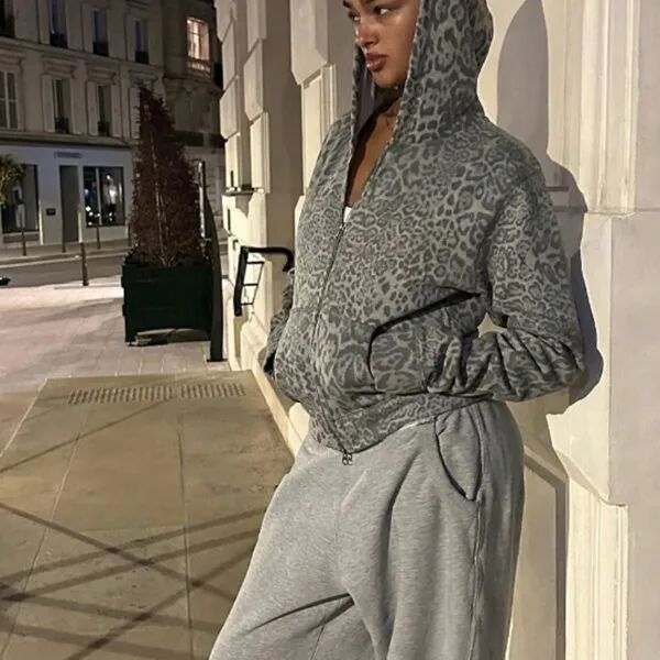 Women High Street Y2K Kangroo Pocket Hoodie Women Leopard Print Long Sleeve Jacket