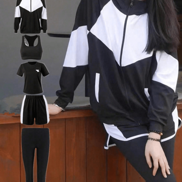 5pcs/Set Women Sports Suit: Yoga Bra + Zipper Hoodie Sweatshirt With Pocket + Breathable Short Sleeve Top + Shapewear Running Leggings + Pocket Shorts, Minimalist Design