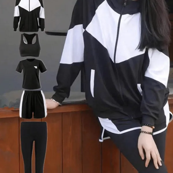 5pcs/Set Women Sports Suit: Yoga Bra + Zipper Hoodie Sweatshirt With Pocket + Breathable Short Sleeve Top + Shapewear Running Leggings + Pocket Shorts, Minimalist Design