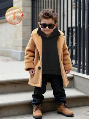 3pcs/Set Young Boy Mid-Length Plush Jacket Set With Plush Hoodie Sweatshirt And Elastic Waist Plush Pants, Soft & Warm Outfit For 4-7 Years Old In Autumn/Winter