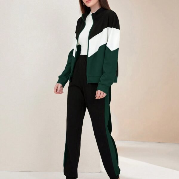 SHEIN Mulvari Women's Autumn Two-Piece Set, Contrast Color Zipper Front Jacket And Cuffed Pants, Casual 2 Piece Set