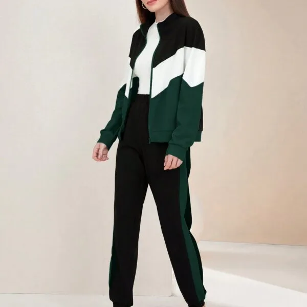 SHEIN Mulvari Women's Autumn Two-Piece Set, Contrast Color Zipper Front Jacket And Cuffed Pants, Casual 2 Piece Set