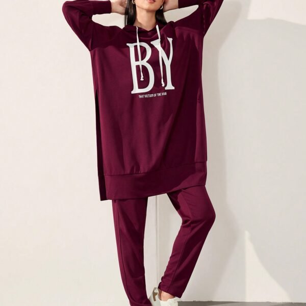 Veilorie 2pcs Women Sports Casual Letter Print Loose Fit Hoodie And Drawstring Pants Set, For Autumn Burgundy 2 Piece Set Modest