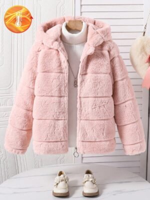 Tween Girl Fluffy Plaid Symmetrical Pattern Hooded Casual Versatile Jacket, Suitable For Daily Wear