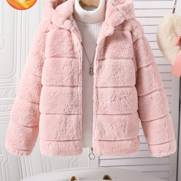 Tween Girl Fluffy Plaid Symmetrical Pattern Hooded Casual Versatile Jacket, Suitable For Daily Wear