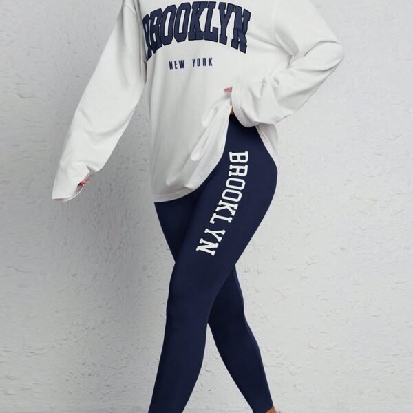 SHEIN PETITE Spring Letter Graphic Drop Shoulder Sweatshirt & Red Leggings