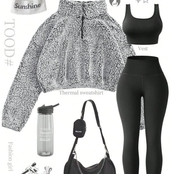 SHEIN 3pcs/Set Women Casual Thermal Lined Windproof Sports Suit, Tight Tank Top+Leggings, For Running, Fitness, Outdoor Activities, Autumn/Winter Gym Set