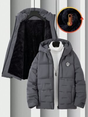 SHEIN 1pc Tween Boys Outdoor Sports Warm Padded Coat, Zipper Closure, Simple Plain Black Color, Dirt-Resistant