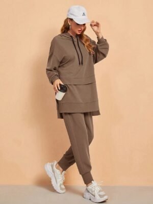 SHEIN Mulvari 2pcs/Set Women Casual Simple Solid Color Sports Hoodie And Drawstring Waist Pants, Loose Fit For Autumn 2 Piece Set