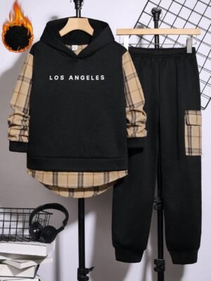 SHEIN Tween Boy 2-Piece Outfit – Hooded Sweatshirt With Plaid Panel & Matching Sweatpants, Suitable For Winter Coats And Winter Clothes